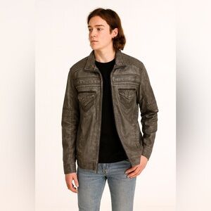 BKE Men’s Gray Moto Bomber Jacket Leather Look Embroidered Size L
